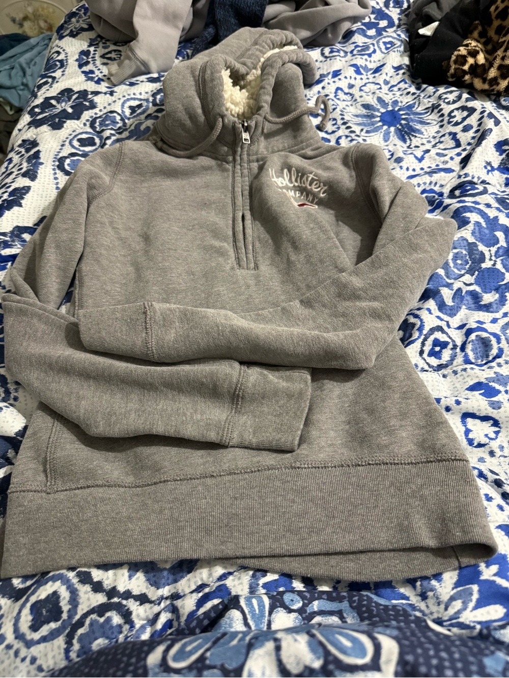 Hollister Gray Sherpa-Lined Quarter-Zip Hoodie